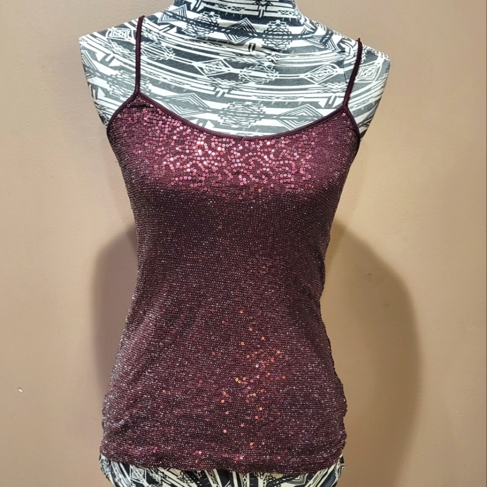 Express Maroon Red Sequin Sparkly Stretchy Camisole Tank Top sz XS *3/$30 Sale*